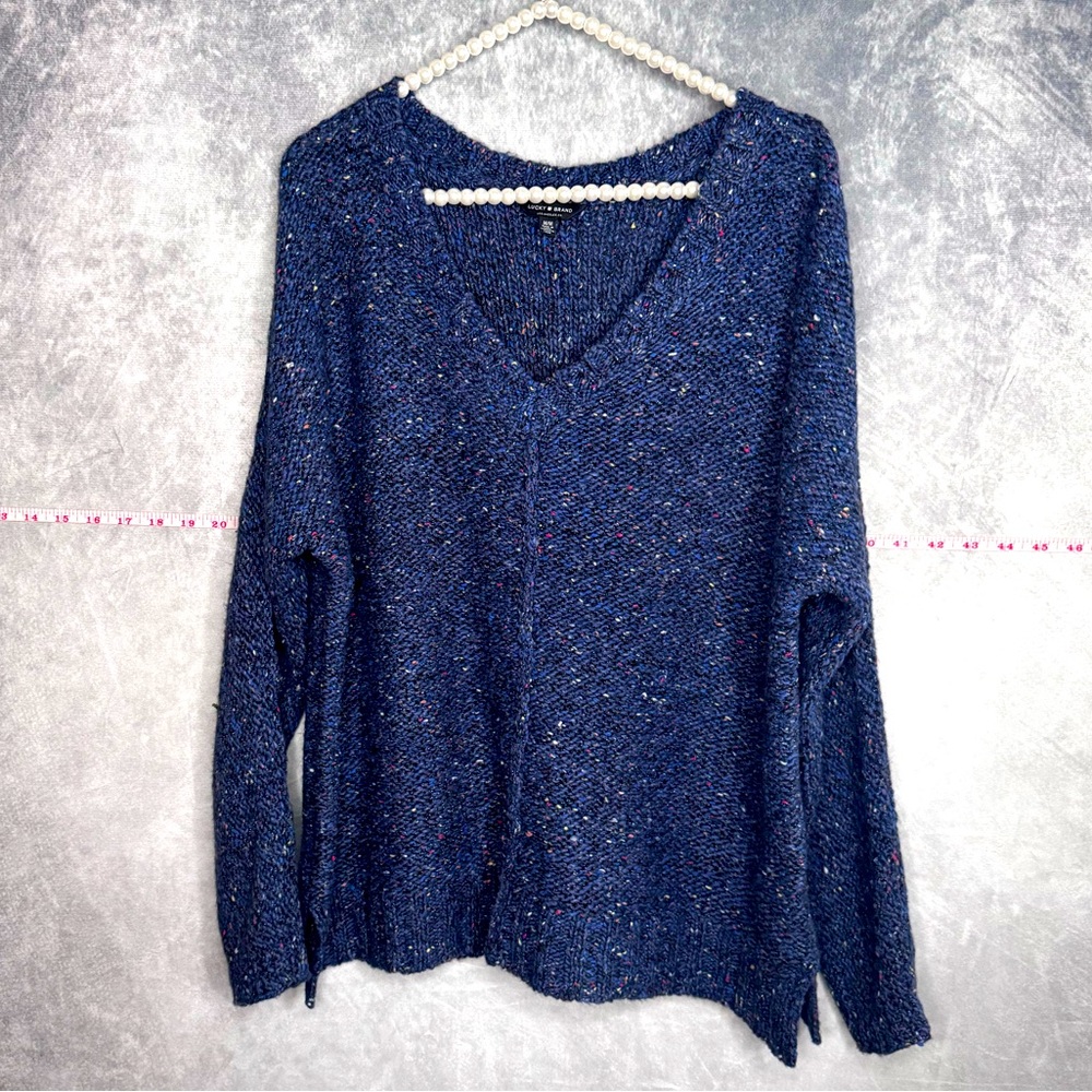 Lucky Brand Blue Confetti V Neck Sweater Medium